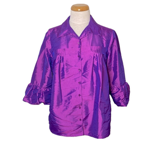 🌷 Beautiful🌷 Vintage Vibrant Purple Shimmer Flare Flounce Ruffle Sleeve Blouse